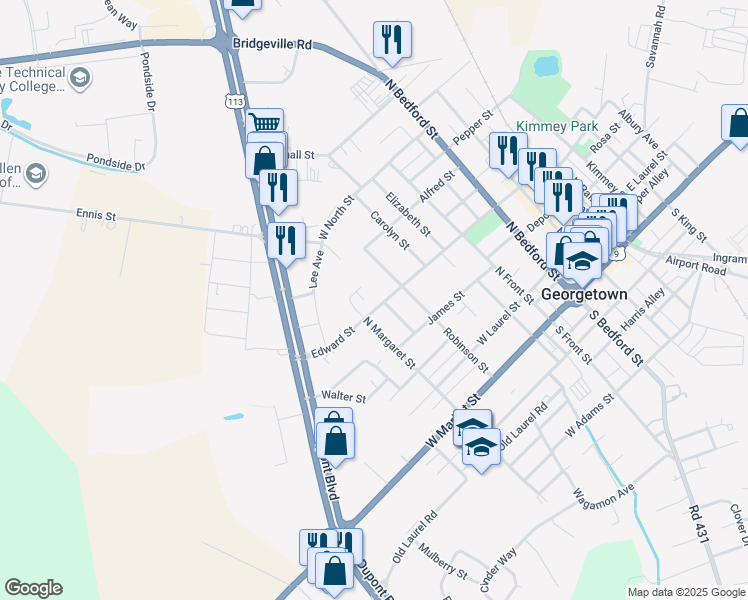 map of restaurants, bars, coffee shops, grocery stores, and more near 310 North Margaret Street in Georgetown