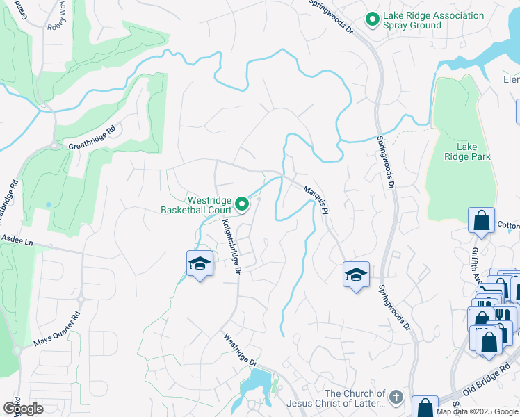 map of restaurants, bars, coffee shops, grocery stores, and more near 12121 Derriford Court in Woodbridge