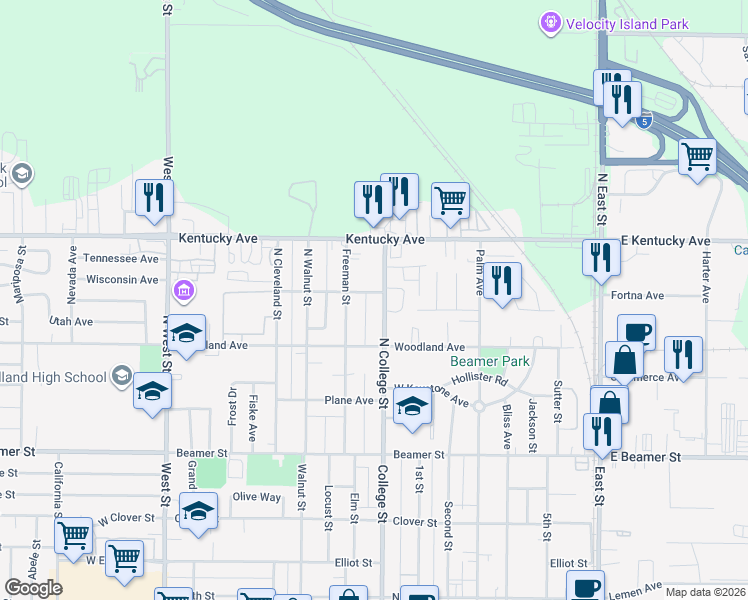 map of restaurants, bars, coffee shops, grocery stores, and more near 239 North College Street in Woodland