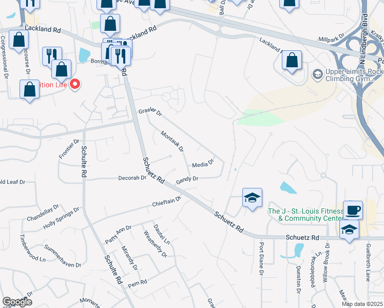 map of restaurants, bars, coffee shops, grocery stores, and more near 7 Laurelwood Court in St. Louis