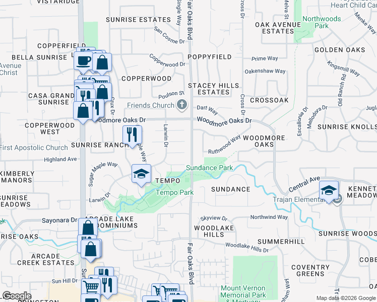 map of restaurants, bars, coffee shops, grocery stores, and more near 8074 Bayberry Court in Citrus Heights