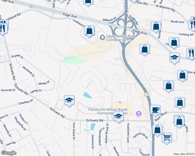 map of restaurants, bars, coffee shops, grocery stores, and more near 1737 Willowbrooke Manors Court in St. Louis