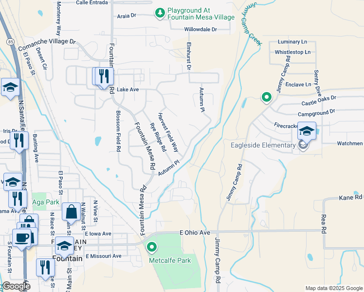 map of restaurants, bars, coffee shops, grocery stores, and more near 605 Wheat Field Road in Fountain