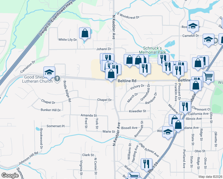 map of restaurants, bars, coffee shops, grocery stores, and more near 1468 North Keebler Avenue in Collinsville
