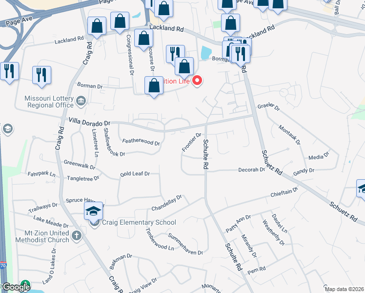 map of restaurants, bars, coffee shops, grocery stores, and more near 11735 Summerwood Drive in St. Louis