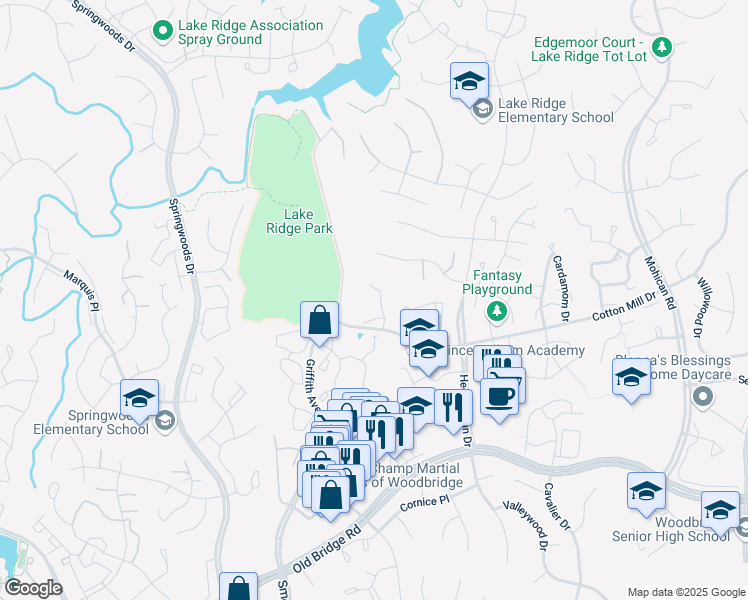 map of restaurants, bars, coffee shops, grocery stores, and more near 12118 Presidio Way in Woodbridge