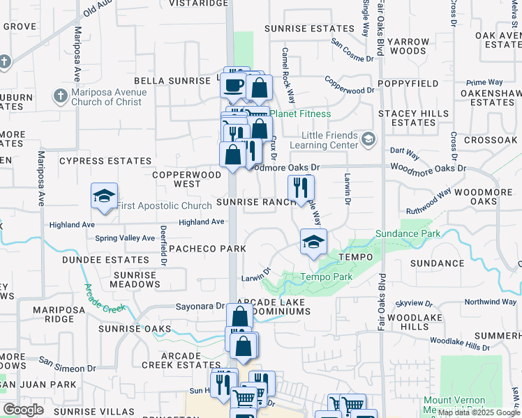 map of restaurants, bars, coffee shops, grocery stores, and more near 6844 Trovita Way in Citrus Heights