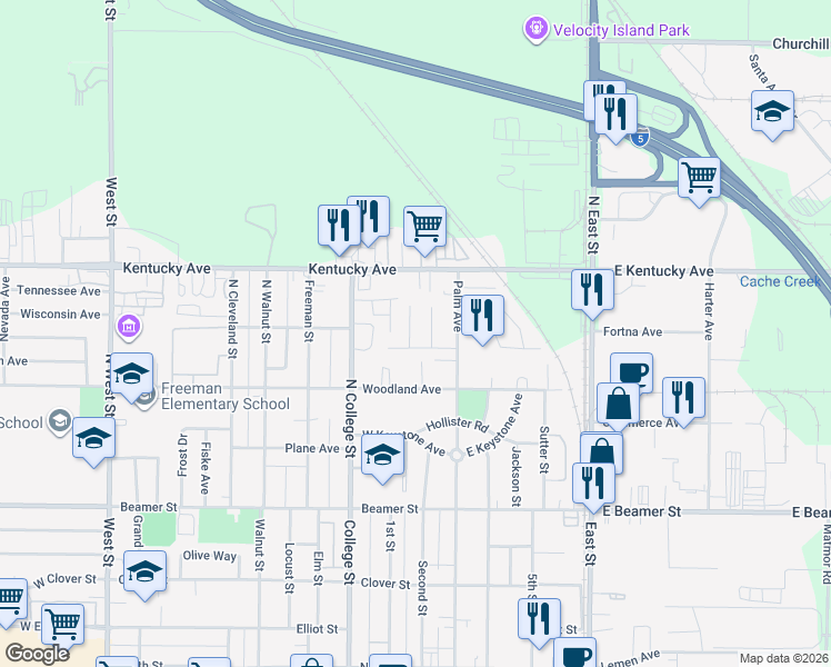 map of restaurants, bars, coffee shops, grocery stores, and more near 700 Ariel Way in Woodland