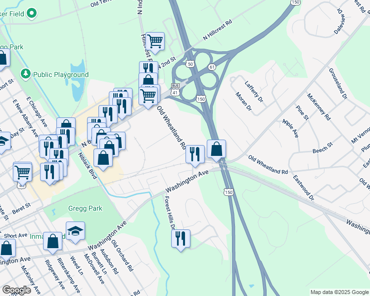 map of restaurants, bars, coffee shops, grocery stores, and more near Old Wheatland Road in Vincennes