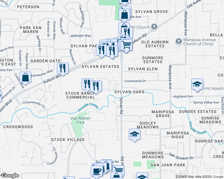 map of restaurants, bars, coffee shops, grocery stores, and more near 7310 Huntington Square Lane in Citrus Heights