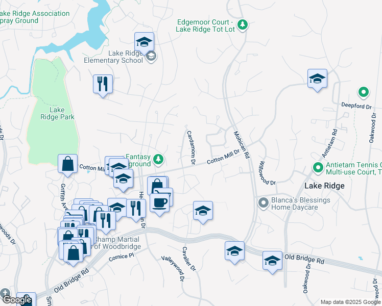map of restaurants, bars, coffee shops, grocery stores, and more near 11965 Cardamom Drive in Woodbridge