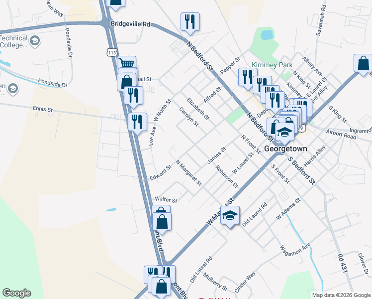 map of restaurants, bars, coffee shops, grocery stores, and more near 310 North Margaret Street in Georgetown