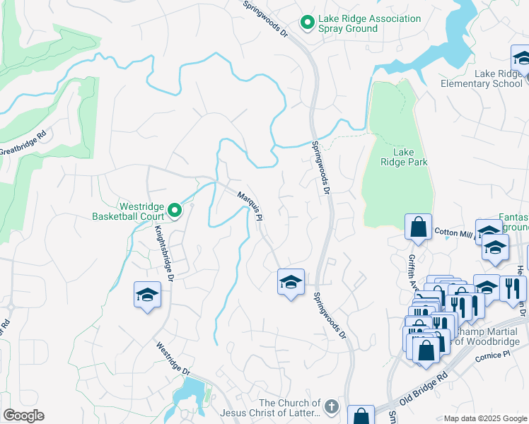map of restaurants, bars, coffee shops, grocery stores, and more near 3880 Marquis Place in Woodbridge