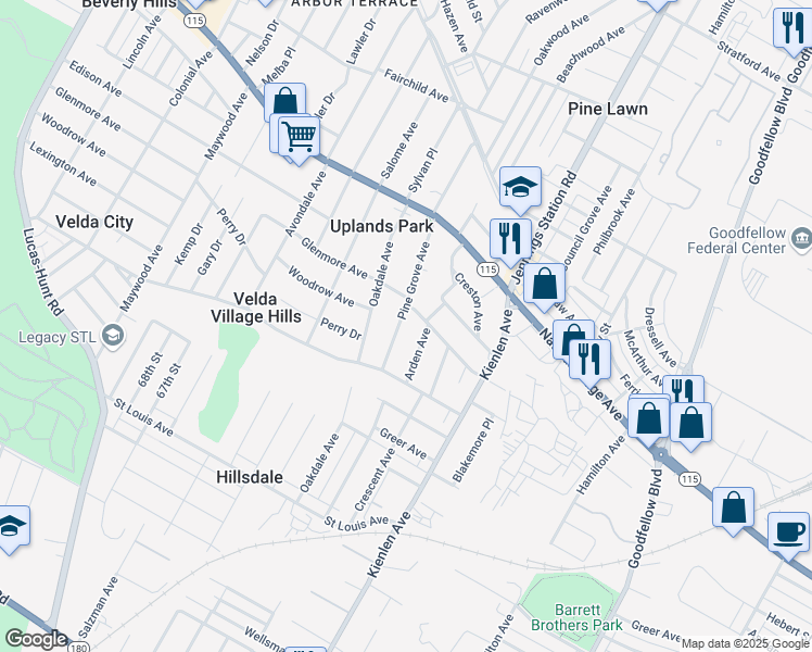 map of restaurants, bars, coffee shops, grocery stores, and more near 3454 Pine Grove Avenue in St. Louis