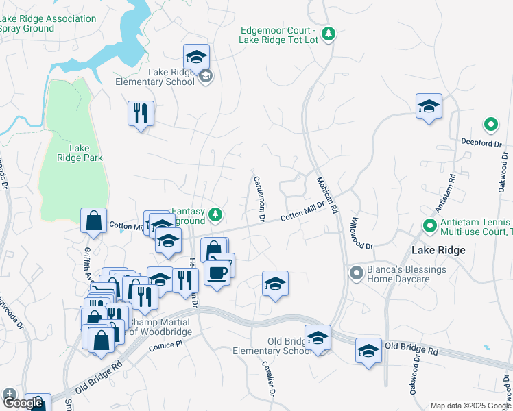 map of restaurants, bars, coffee shops, grocery stores, and more near 11997 Cardamom Drive in Woodbridge