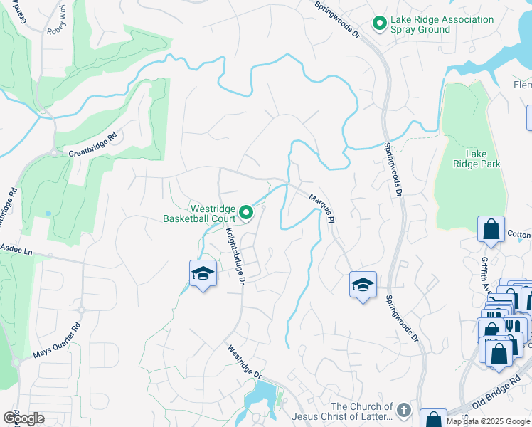 map of restaurants, bars, coffee shops, grocery stores, and more near 12115 Derriford Court in Woodbridge