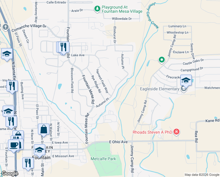 map of restaurants, bars, coffee shops, grocery stores, and more near 605 Harvest Field Way in Fountain