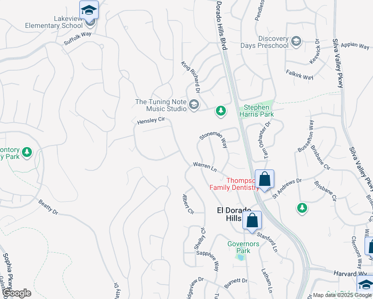 map of restaurants, bars, coffee shops, grocery stores, and more near 4305 Hensley Circle in El Dorado Hills