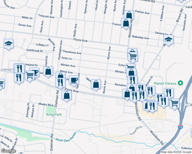 map of restaurants, bars, coffee shops, grocery stores, and more near 9518 Ridge Avenue in Overland