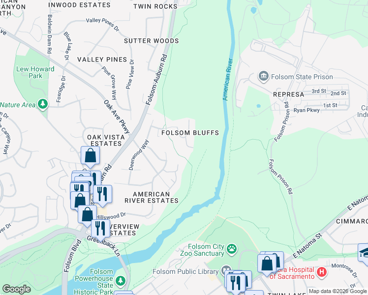 map of restaurants, bars, coffee shops, grocery stores, and more near 410 Crestridge Lane in Folsom