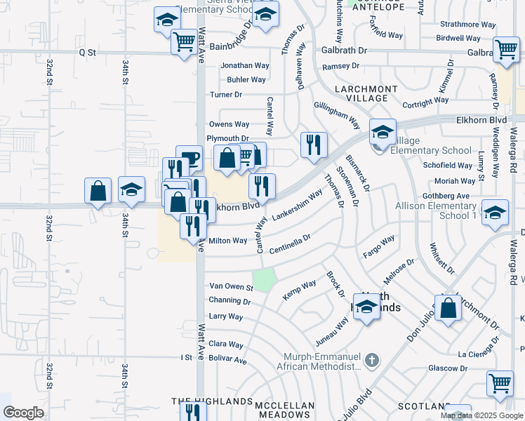 map of restaurants, bars, coffee shops, grocery stores, and more near 6741 Cantel Way in North Highlands