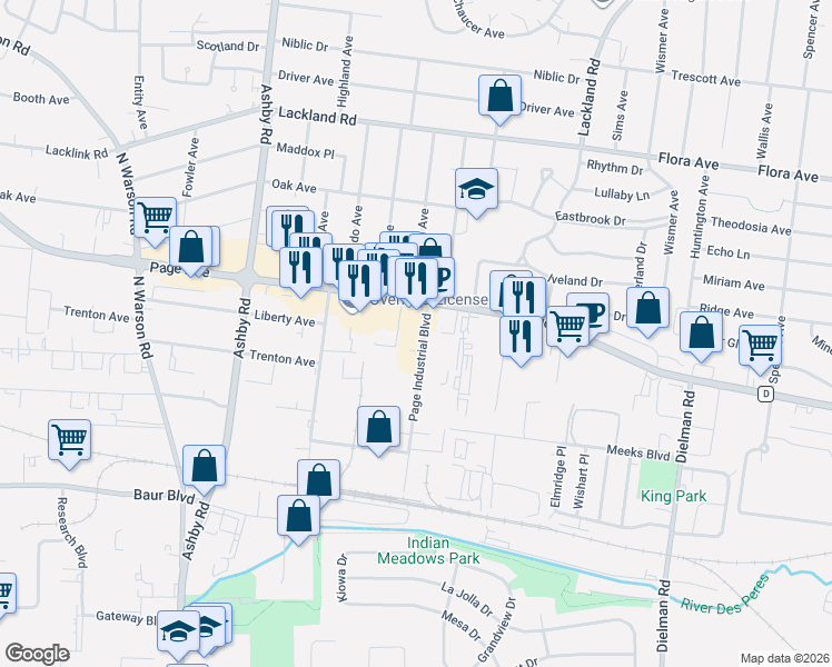 map of restaurants, bars, coffee shops, grocery stores, and more near 1605 Page Industrial Boulevard in St. Louis
