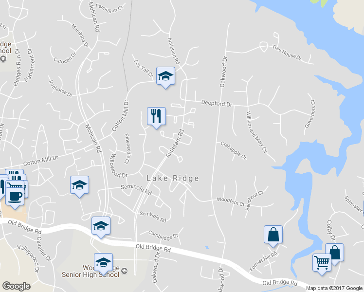 map of restaurants, bars, coffee shops, grocery stores, and more near 2891 Madeira Court in Woodbridge