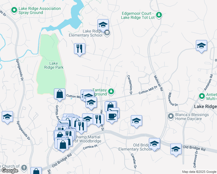 map of restaurants, bars, coffee shops, grocery stores, and more near 3383 Flint Hill Place in Woodbridge