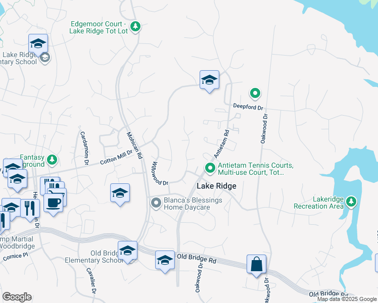 map of restaurants, bars, coffee shops, grocery stores, and more near 12057 Willowood Drive in Woodbridge