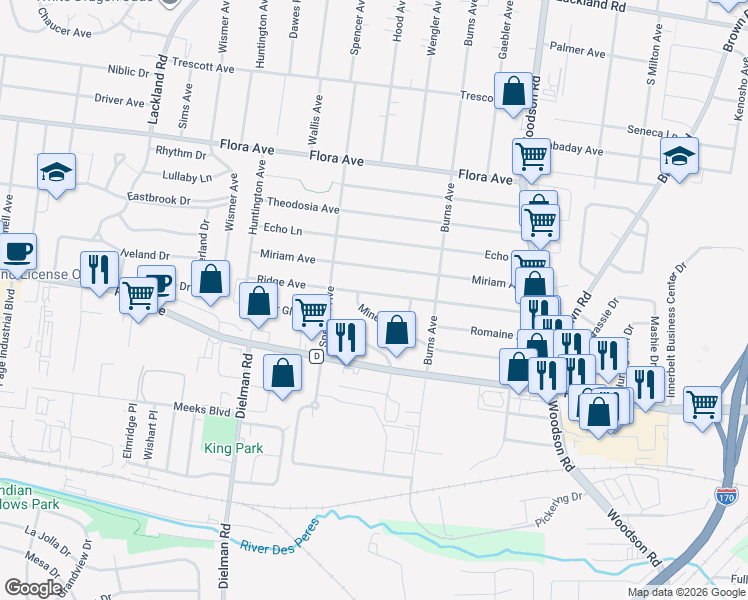 map of restaurants, bars, coffee shops, grocery stores, and more near 9523 Minerva Avenue in Overland