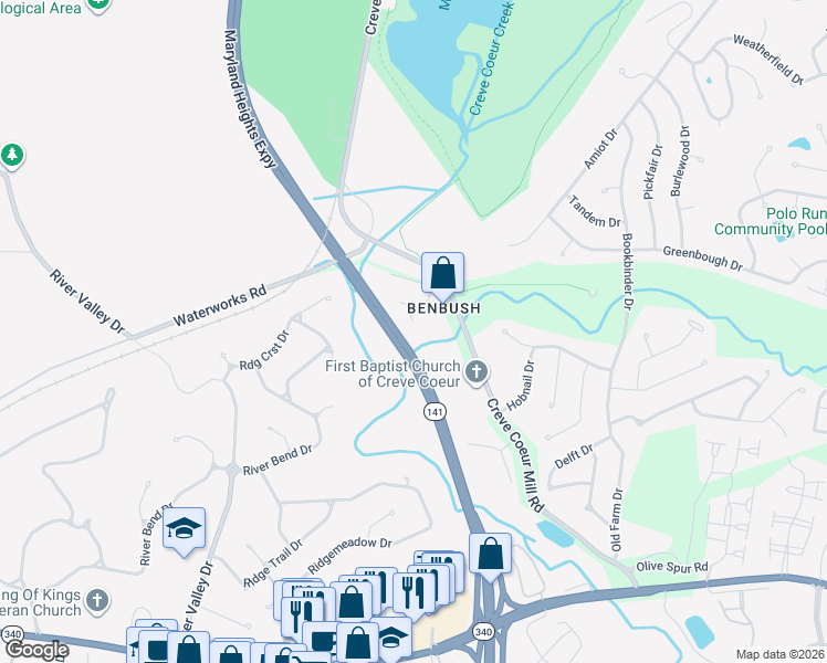 map of restaurants, bars, coffee shops, grocery stores, and more near 1653 Creve Coeur Mill Road in St. Louis