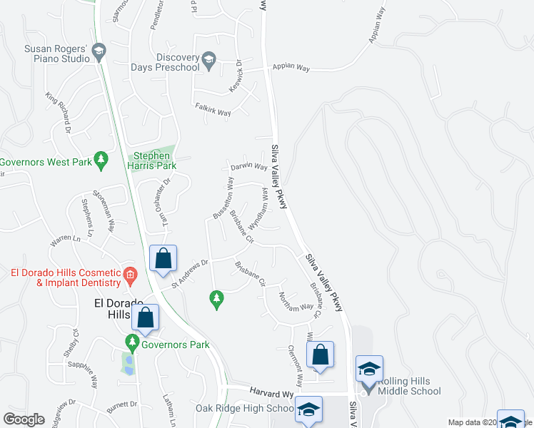 map of restaurants, bars, coffee shops, grocery stores, and more near 1634 Wyndham Way in El Dorado Hills