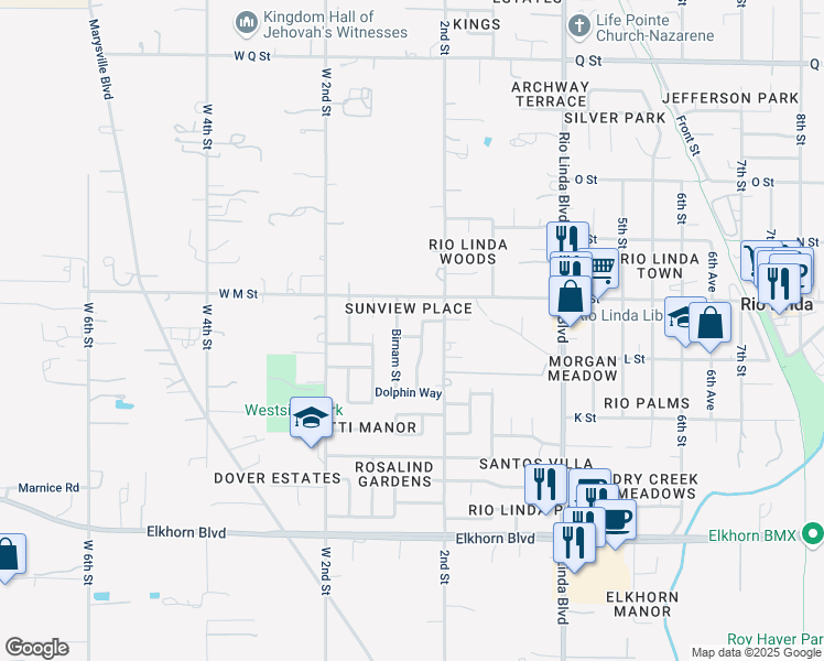 map of restaurants, bars, coffee shops, grocery stores, and more near 6701 Kenora Street in Rio Linda
