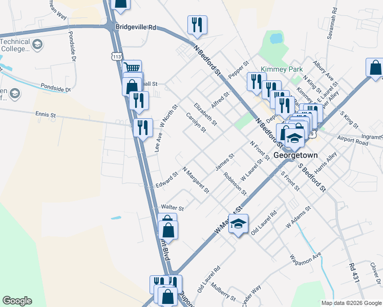 map of restaurants, bars, coffee shops, grocery stores, and more near 310 North Margaret Street in Georgetown