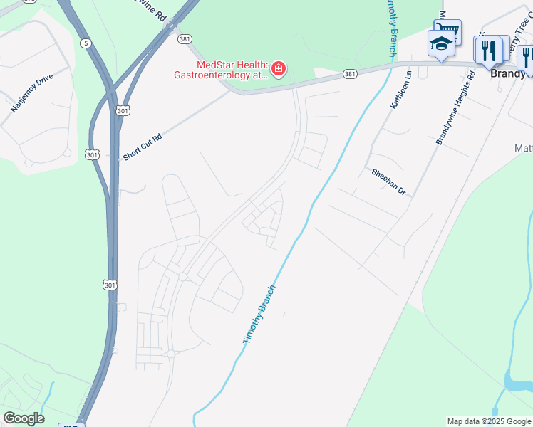 map of restaurants, bars, coffee shops, grocery stores, and more near 14434 Hunts Farm Road in Brandywine