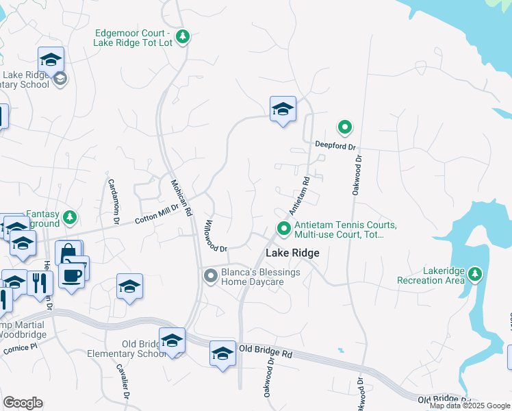 map of restaurants, bars, coffee shops, grocery stores, and more near 12057 Willowood Drive in Woodbridge