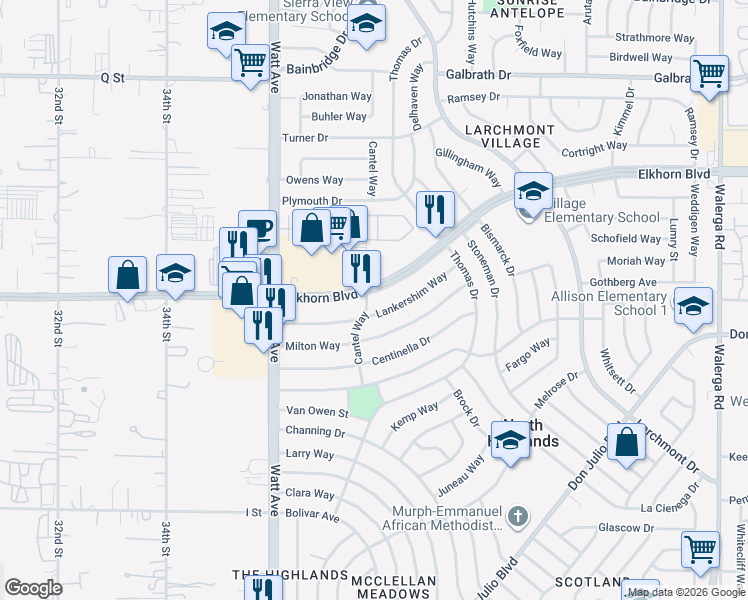 map of restaurants, bars, coffee shops, grocery stores, and more near 6740 Cantel Way in North Highlands
