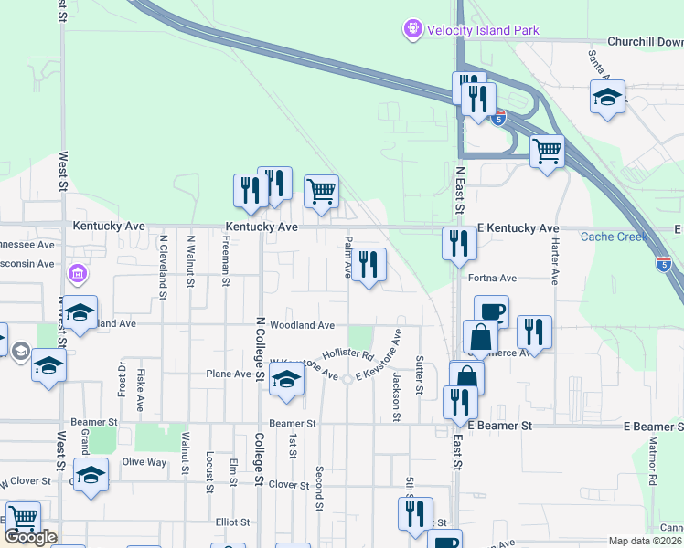 map of restaurants, bars, coffee shops, grocery stores, and more near 700 Ariel Way in Woodland