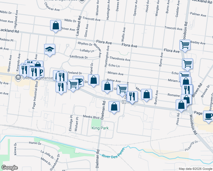 map of restaurants, bars, coffee shops, grocery stores, and more near 9715 Cedar Glen Drive in Overland