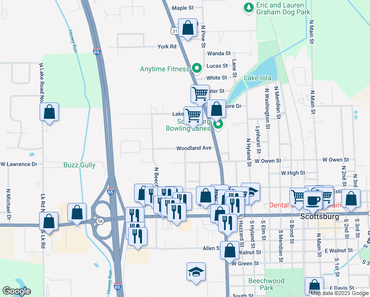 map of restaurants, bars, coffee shops, grocery stores, and more near 282 Oak Drive in Scottsburg