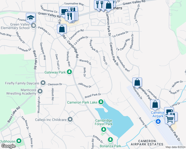 map of restaurants, bars, coffee shops, grocery stores, and more near 2856 Rolls Court in Cameron Park