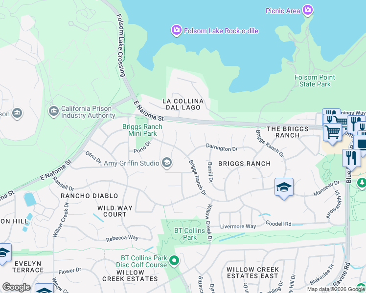 map of restaurants, bars, coffee shops, grocery stores, and more near 126 Briggs Ranch Drive in Folsom