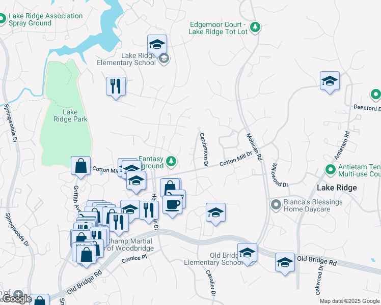 map of restaurants, bars, coffee shops, grocery stores, and more near 12136 Cardamom Drive in Woodbridge