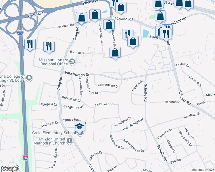 map of restaurants, bars, coffee shops, grocery stores, and more near 11894 Shallowbrook Drive in St. Louis