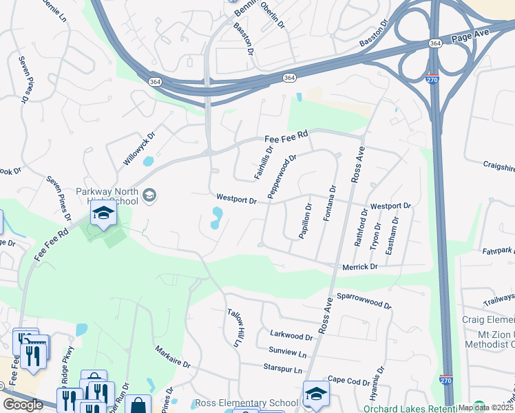 map of restaurants, bars, coffee shops, grocery stores, and more near 12617 Westport Drive in St. Louis