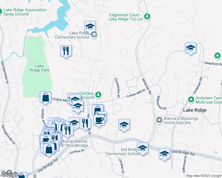 map of restaurants, bars, coffee shops, grocery stores, and more near 12136 Cardamom Drive in Woodbridge