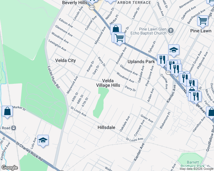 map of restaurants, bars, coffee shops, grocery stores, and more near in Velda Village Hills