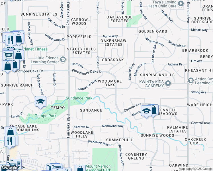 map of restaurants, bars, coffee shops, grocery stores, and more near 8116 Ruthwood Way in Orangevale