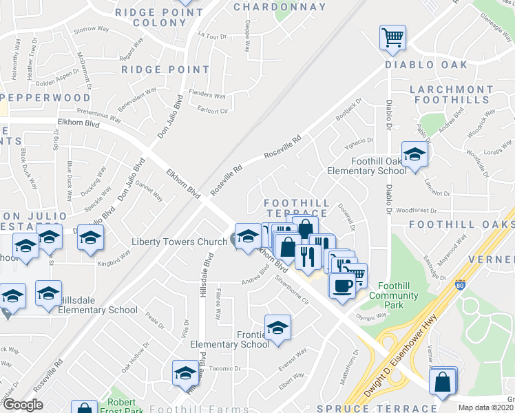 map of restaurants, bars, coffee shops, grocery stores, and more near 6859 Barbara Lee Circle in Sacramento