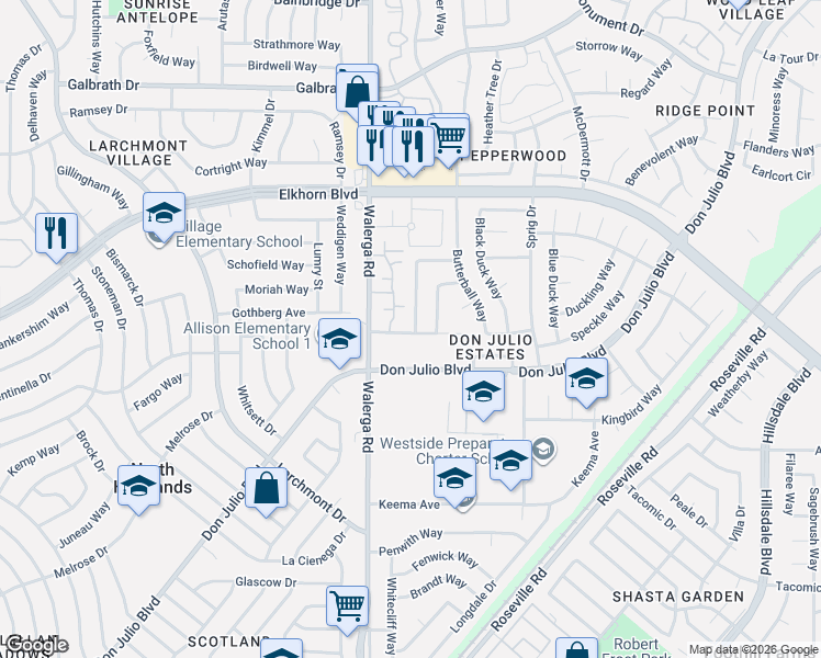 map of restaurants, bars, coffee shops, grocery stores, and more near 6817 Harlequin Way in Sacramento